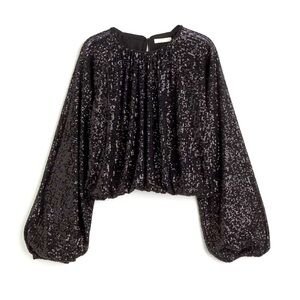H&M‎ Black Bubble Hem Oversized Long Sleeve Crop Sequins Top NEW Size XS
